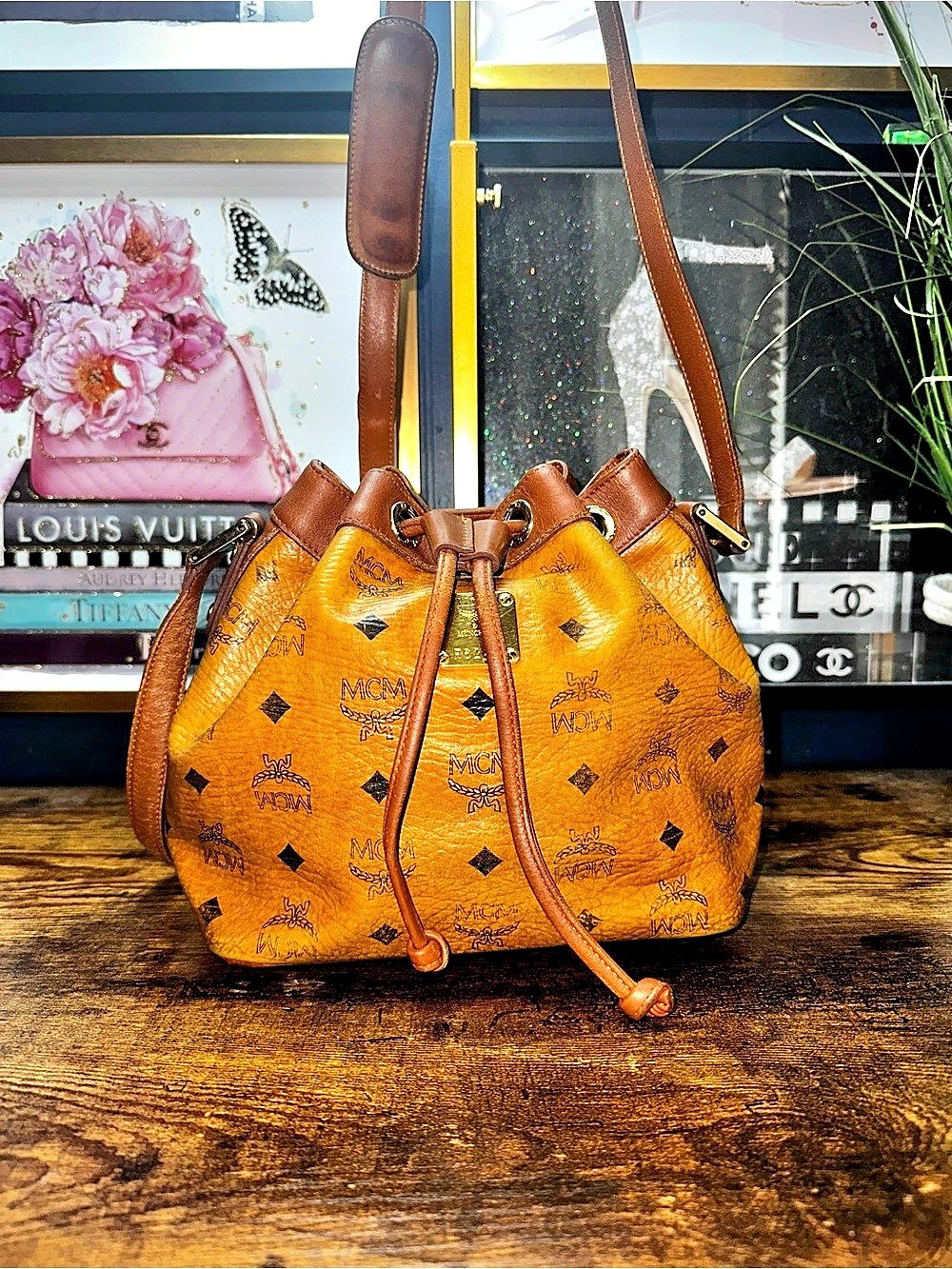 MCM Cognac Coated Canvas Drawstring Bucket Bag Monogram Bucket